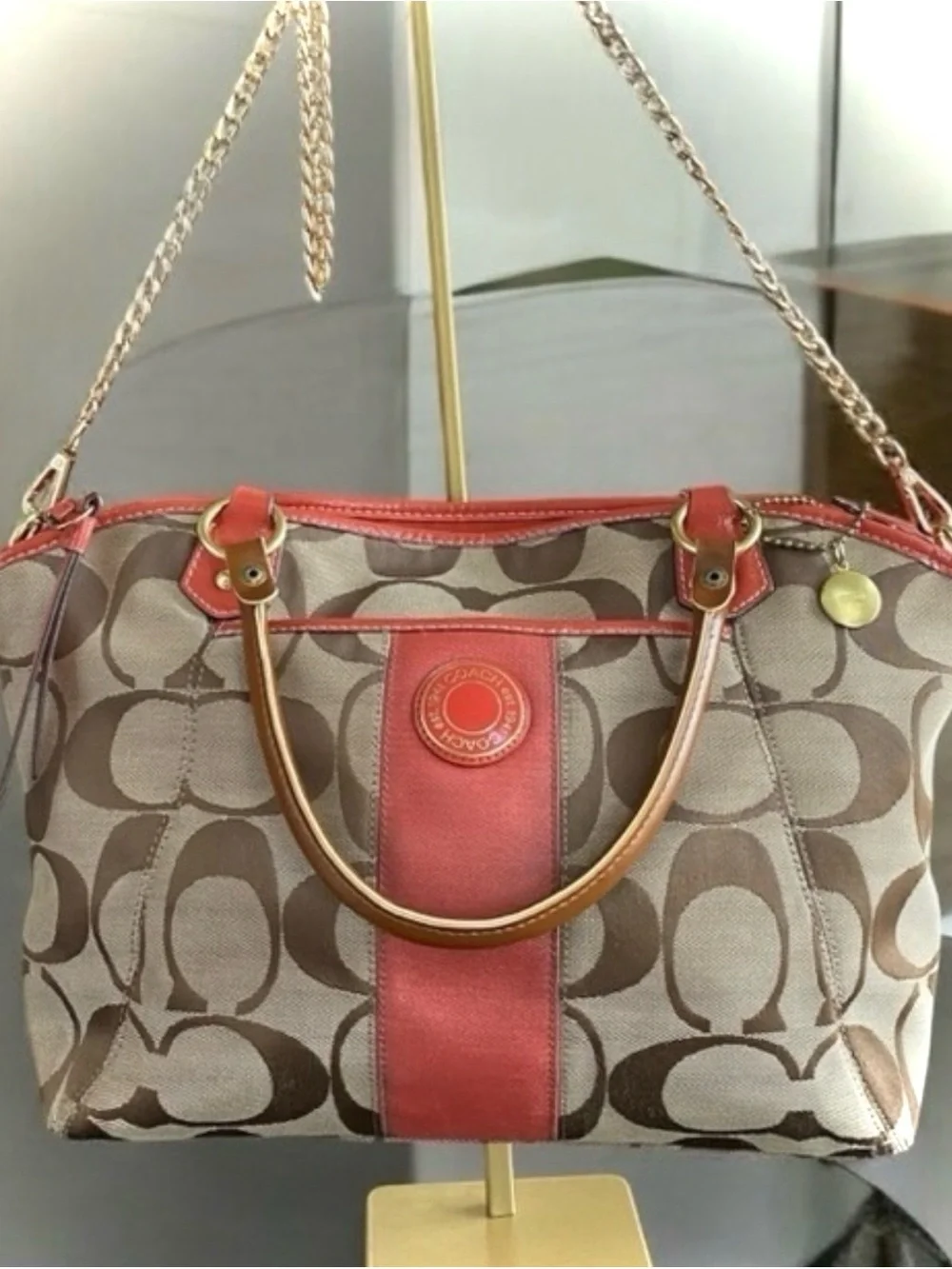 🔥SOLD🔥 Coach Brown Signature Canvas Satchel with Coral Trim - Picture 1 of 10